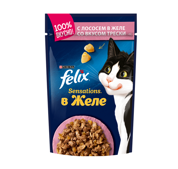 Влажный корм Felix® Sensations® для взрослых кошек, с лососем в желе с добавлением трески - фото 6830