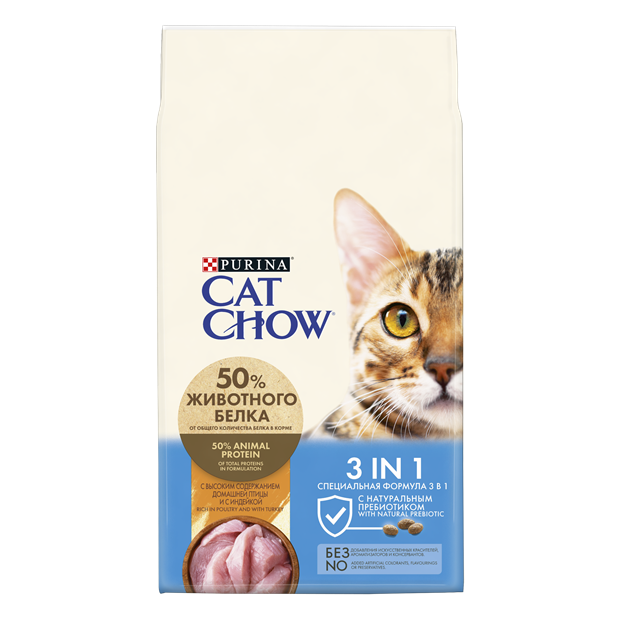 Сухой корм Cat Chow® 3 в 1 для взрослых кошек с высоким содержанием домашней птицы и с индейкой - фото 6973