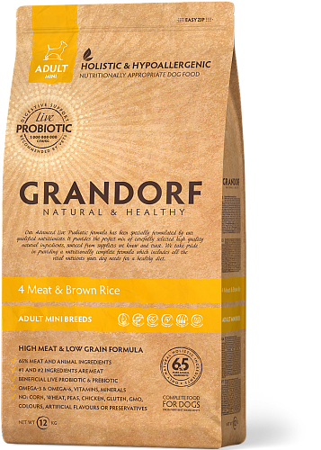 Grandorf корм для собак мини-пород 4 Мяса с рисом и пробиотиками 1 кг - фото 7724