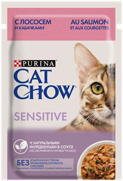 Влажный корм Cat Chow® для взрослых кошек с чувствительным пищеварением, с лососем и кабачками в соусе