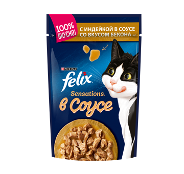 Влажный корм Felix® Sensations® для взрослых кошек, с индейкой в соусе со вкусом бекона