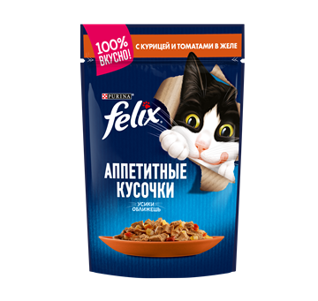 Влажный корм Felix® Аппетитные кусочки для взрослых кошек, с курицей и томатами в желе