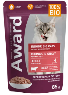 влажный корм AWARD Indoor big cats для взрослых домашних кошек крупных пород кусочки в соусе с говядиной