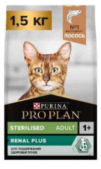 Pro Plan 99842 Sterilised OptiRenal корм для кастрированных и стерилизованных кошек. Лосось. 1.5 кг